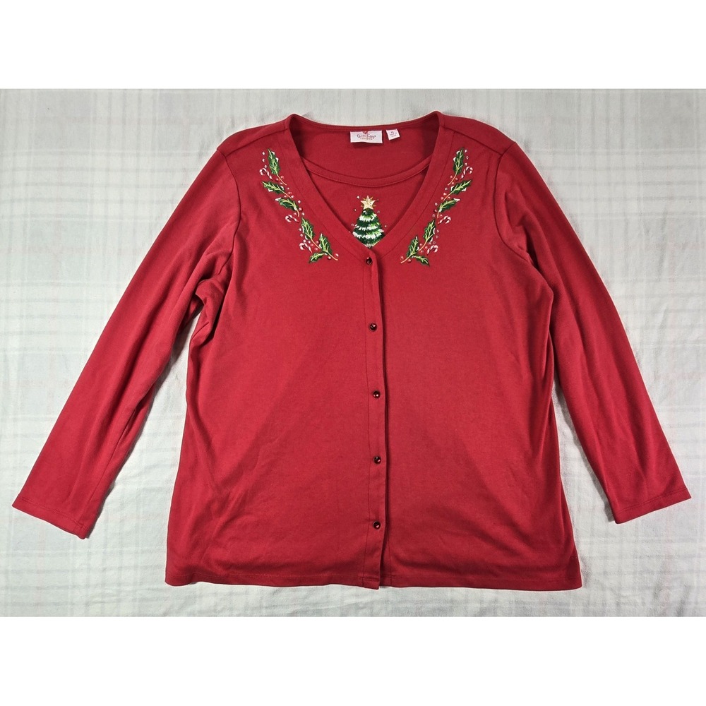 Quacker Factory Women's Holiday Joy V-Neck Cardigan Duet Tunic Top Red XL - Picture 1 of 16